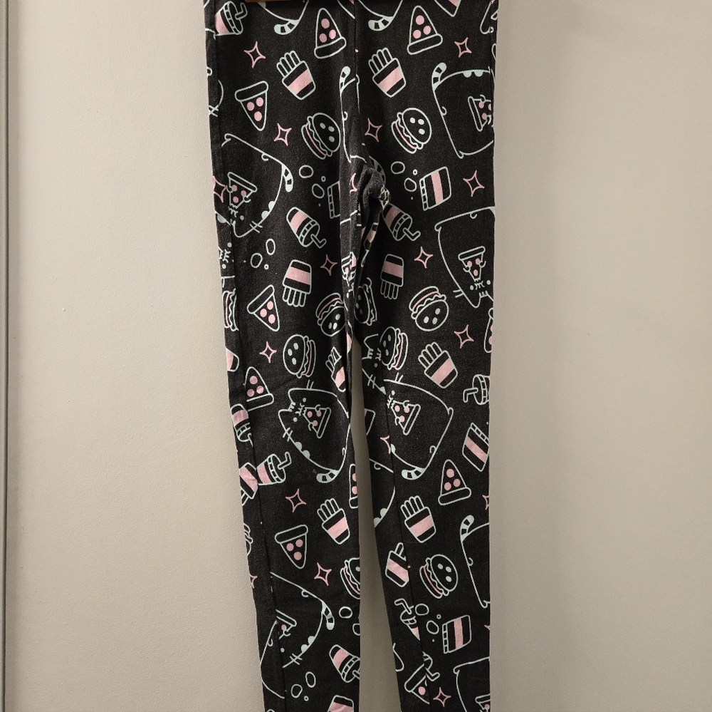 Pusheen Black Leggings with Pink & White Snack Print